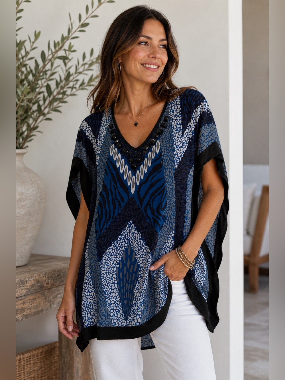 DANA BUCHMAN Butterfly Blouse Beaded Dolman Kimono Sleeve Art To Wear Top XL